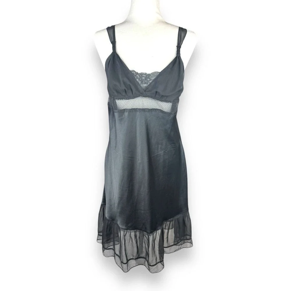 Victoria's Secret Black Satin Slip Dress with Lace Trim - Picture 1 of 15